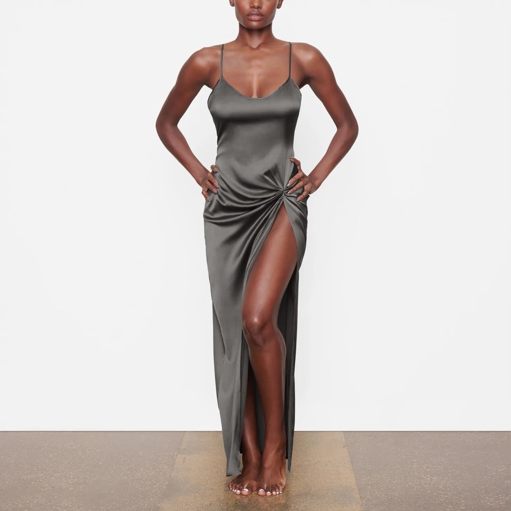 NWT: SKIMS: Silk Sleep Slip w/high slit—Gunmetal